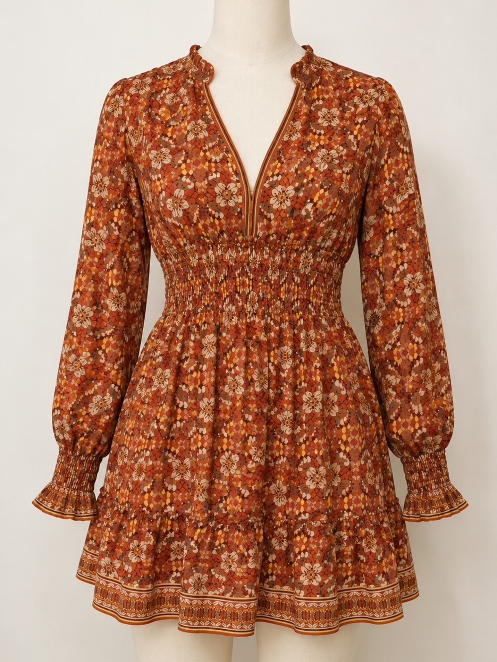 Rust Floral Smocked Mini Dress - Women